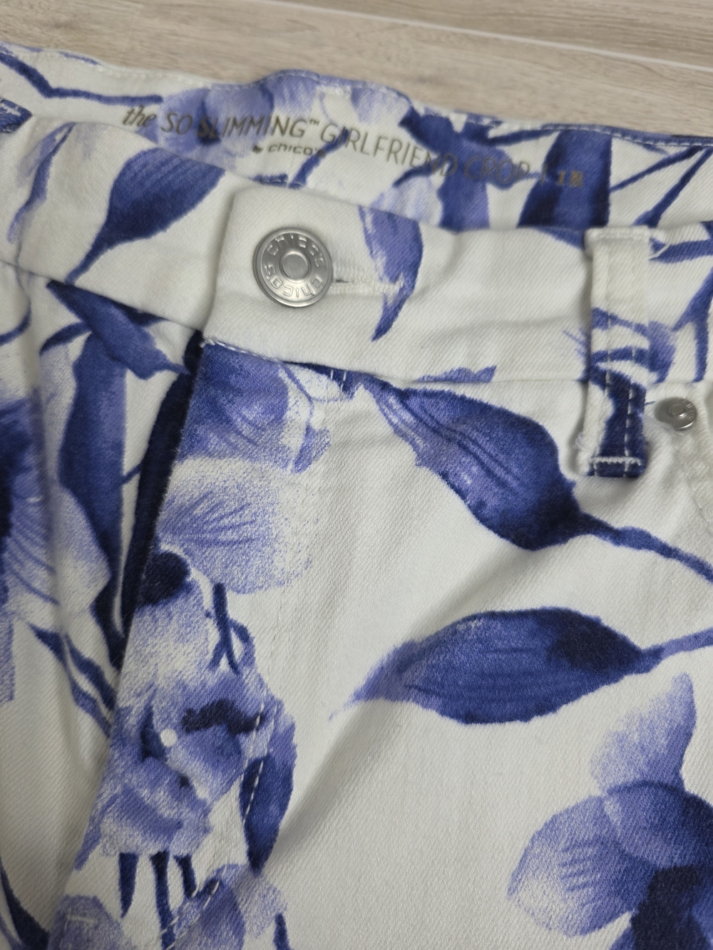 Chico's Floral Print Slimming Girlfriend Crop Pants - Blue on White - Picture 3 of 7